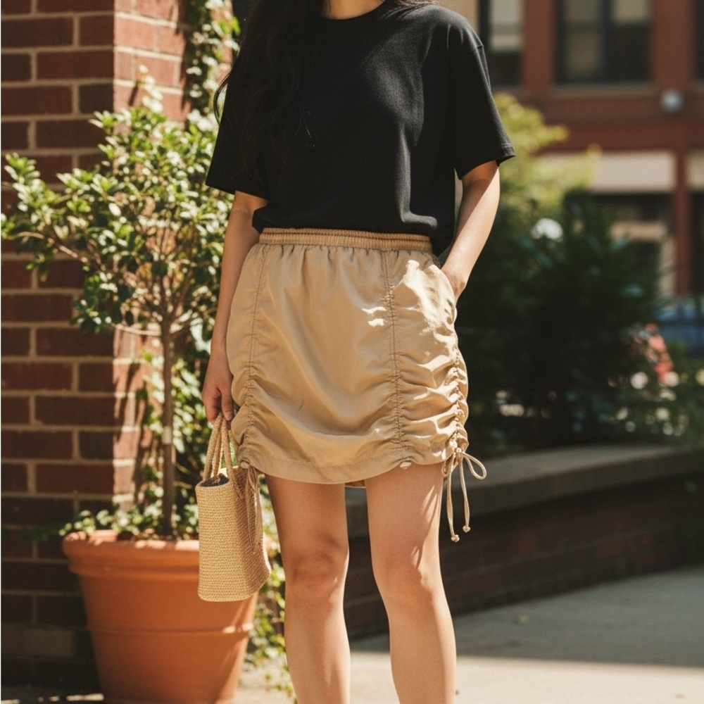 Stylish Tan Ruched Mini Skirt